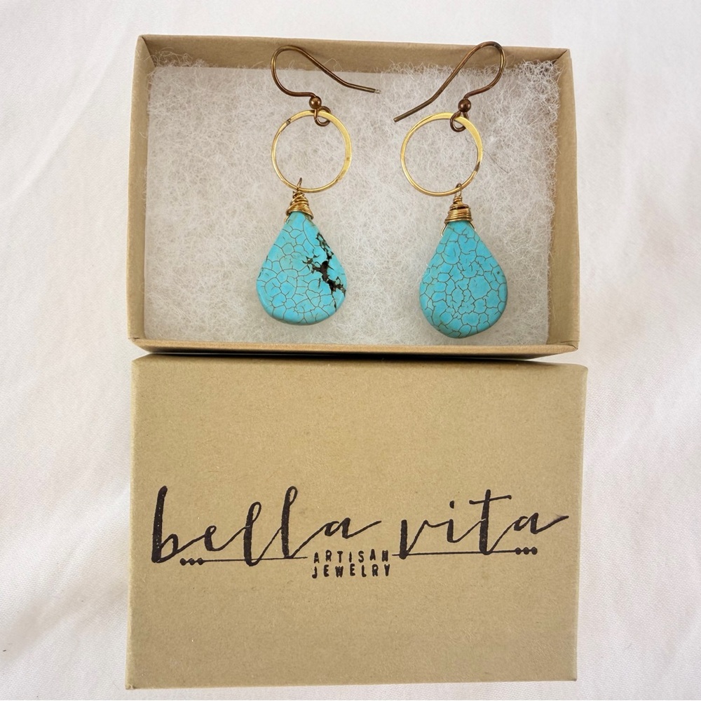 Bella Vita Artisan Turquoise Drop Earrings Brass Wire Wrapped Boho Dangle